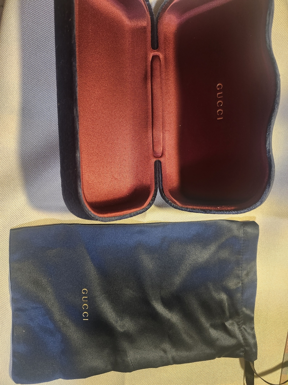 Authenic Gucci Blue Eyewear Case with Burgundy Interior and Drawstring Pouch